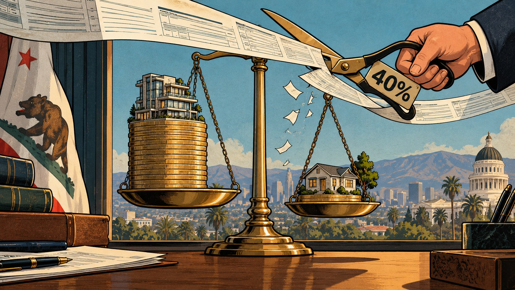 Cartoon of a brass balance scale on a desk, with a modern penthouse on a tall stack of gold coins in one pan and a small bungalow in the other, as a hand with scissors tagged 40% cuts through a long tax form; a California flag and the State Capitol dome are in the background
