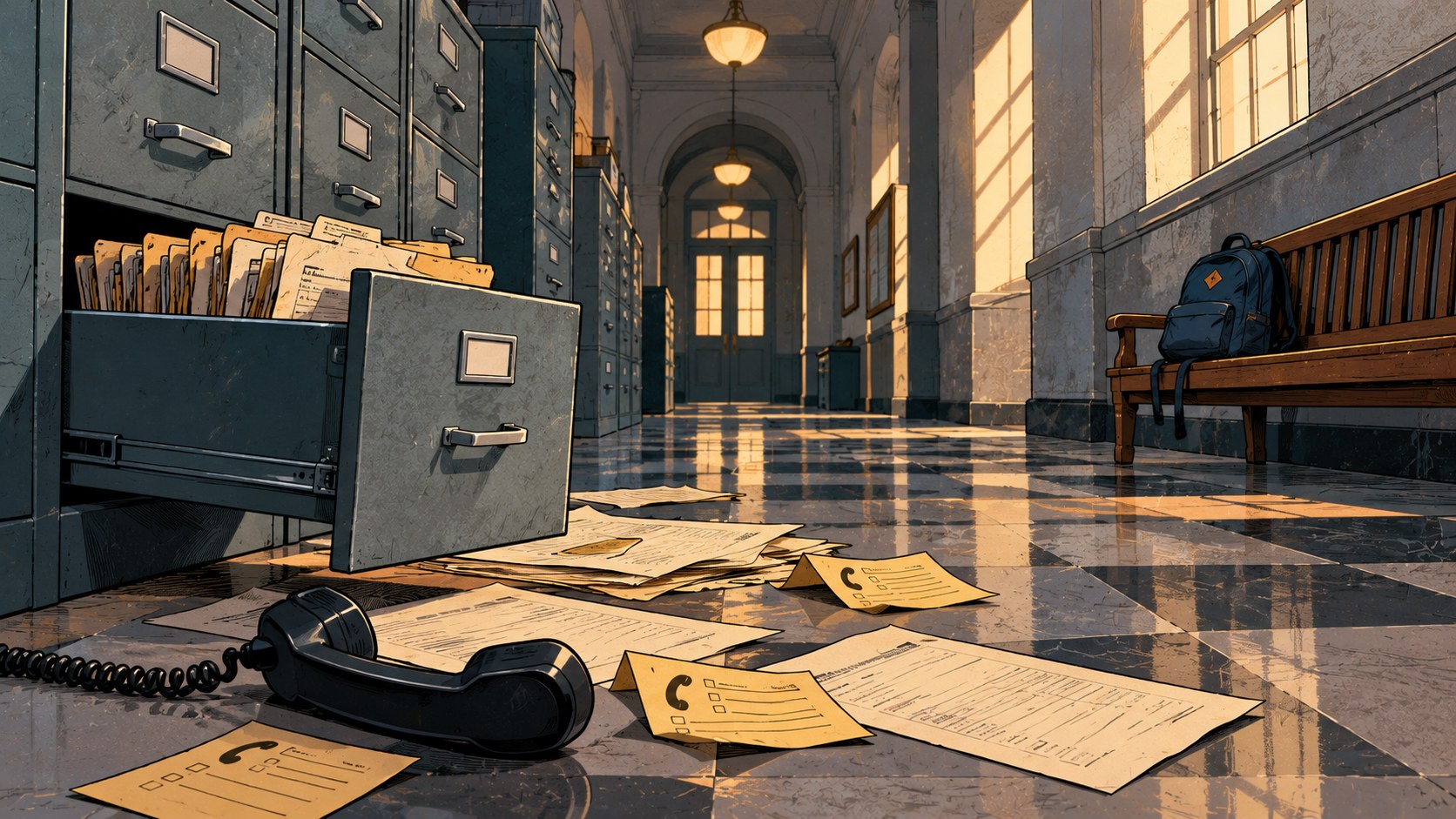 Cartoon of a government hallway lined with gray filing cabinets, one drawer pulled open with manila folders, follow-up call slips and papers scattered on the floor beside a disconnected phone handset, and a lone backpack on a wooden bench
