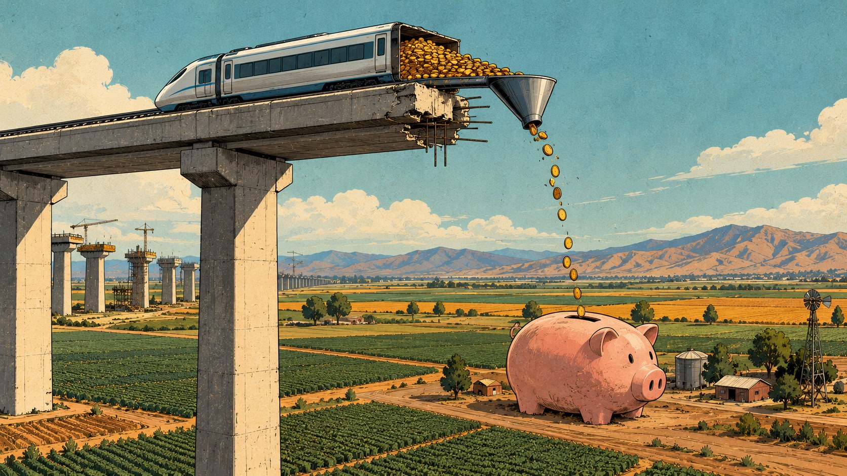 Cartoon of an unfinished high-speed rail viaduct over Central Valley farmland that ends in midair, where a train car full of gold coins pours them through a funnel toward a large pink piggy bank on the ground below