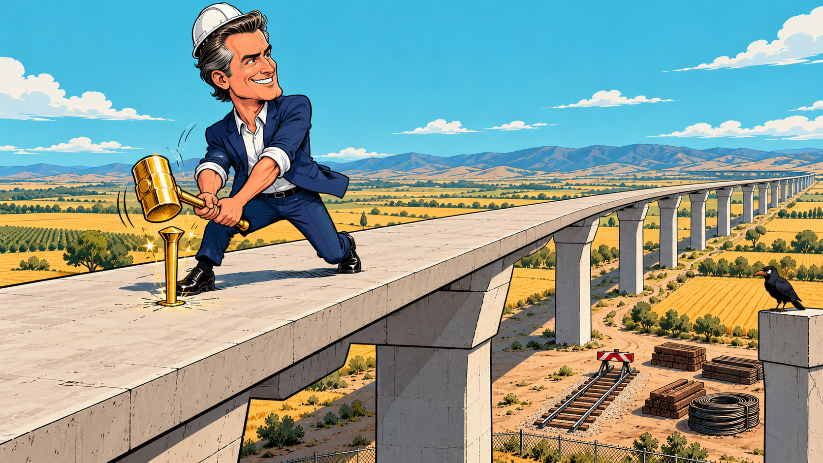 Cartoon of Gavin Newsom in a hard hat swinging a golden sledgehammer at a golden spike on a bare concrete high-speed rail viaduct with no track, while a short stretch of freight track sits in a materials yard below.